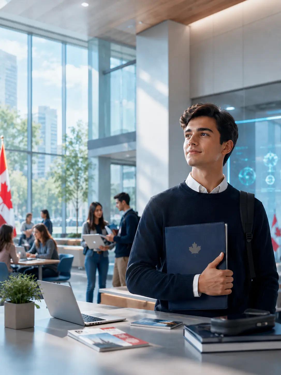International student holding a Kingston portfolio in a sunlit Canadian college lobby
