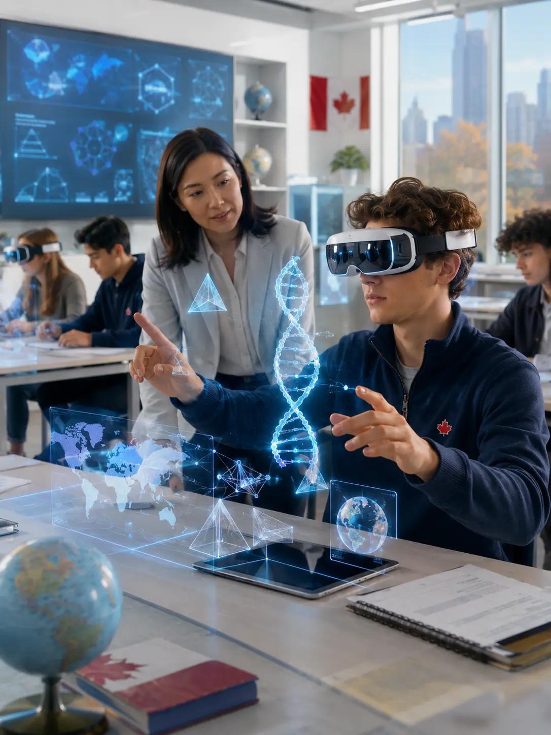 Teacher guiding a student through an immersive XR biology lesson at Kingston Global Academy