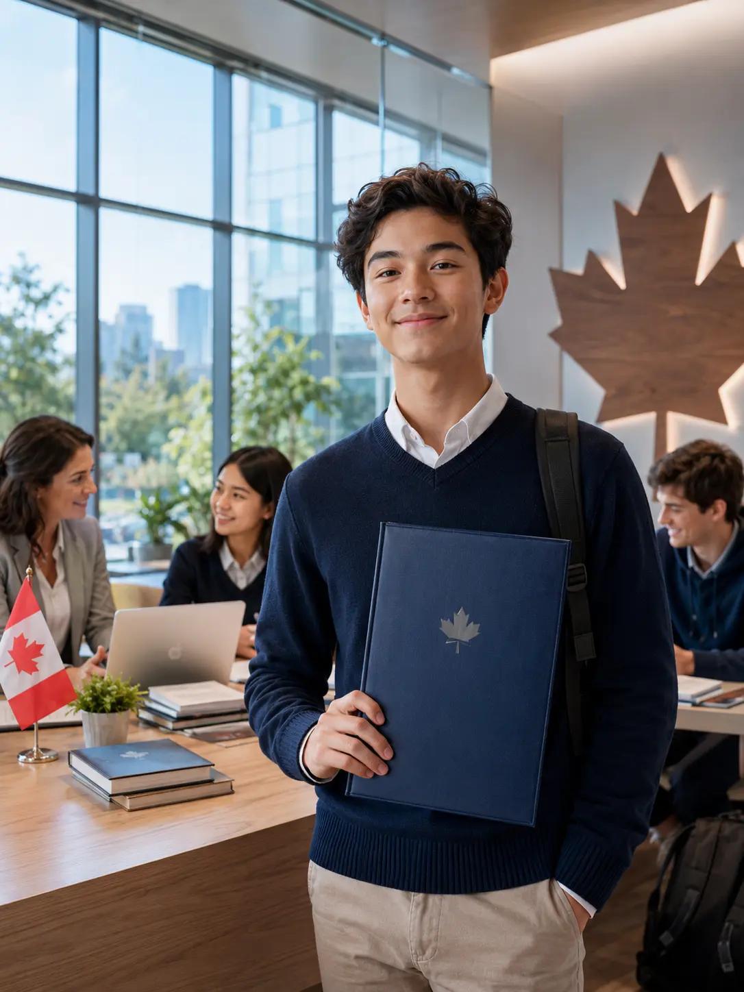 Kingston Global Academy student holding a maple-leaf portfolio