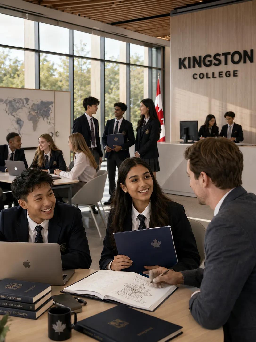 Uniformed Kingston Global Academy students meeting with an advisor at the campus reception